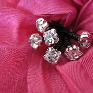 Hot Pink Fabric Flower Silk Rhinestone, Millinery, Hat, Hair Pin image 2