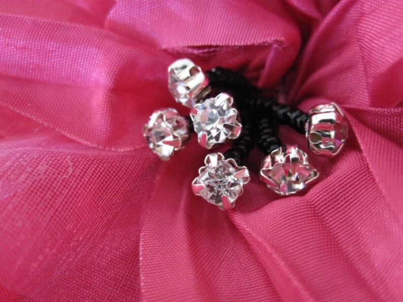 Hot Pink Fabric Flower Silk Rhinestone, Millinery, Hat, Hair Pin image 2