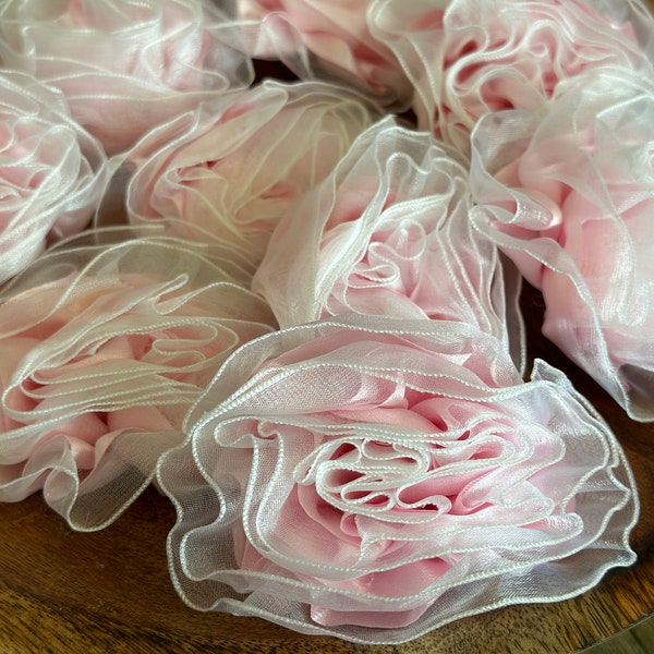 9 Pink Gathered Roses Fabric Silk Flowers Millinery, Altered Couture, Hair Flowers, Ribbon, cosplay, kawaii, costume supply notions