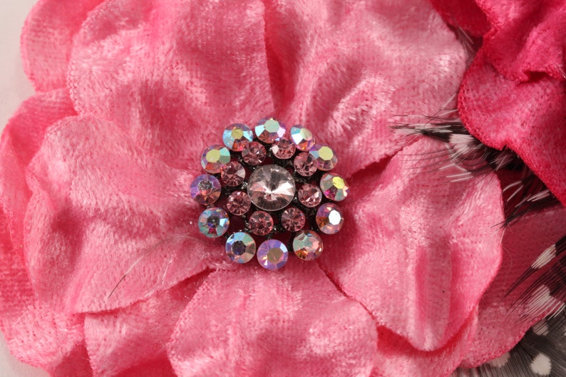 Pink Velvet and Rhinestone Flowers 2 pcs Feathers, Millinery, Altered Couture, Hair Flowers Embellishment image 3