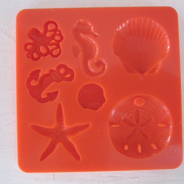 Beach Resin Mold shells seahorse octopus anchor, silicone rubber, 7 designs, polymer clay, mod melts, candy, plaster, wax, soap, epoxy clay