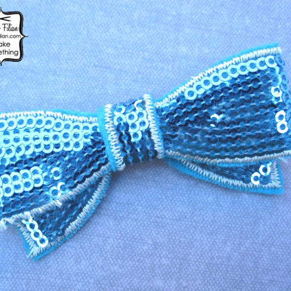 Blue Sequin Bow Applique - Millinery Hair Bows Embellishment Sewing Patch Bright Turquoise Cosplay Costume