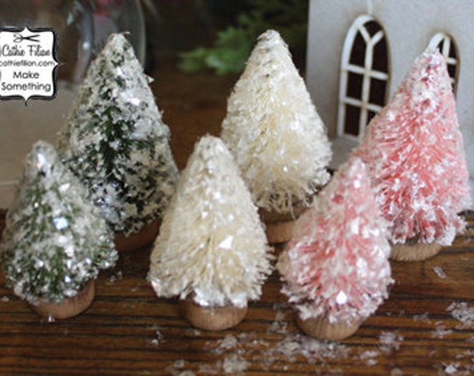 Mini Bottle Brush Christmas Trees Set of 6 White, Pink, Green Glittered
