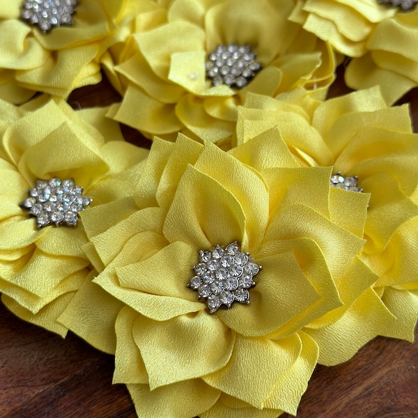 6 Yellow Silk Flower - Rhinestone Center - Millinery, Hair Flowers, Pin, Bows, Headband, Baby, Kawaii, Cosplay. Costume