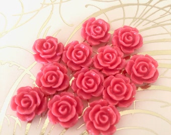 12  Resin Flowers - Deep Coral Roses - 10 mm cabochon Supply - Scrapbooking, Jewelry Design, Collage Flowers Floral Pink Orange