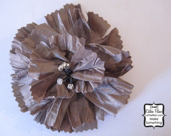 Brown Flower Pin Taupe Millinery Hair Bow Hat Sewing Embellishment Rhinestone