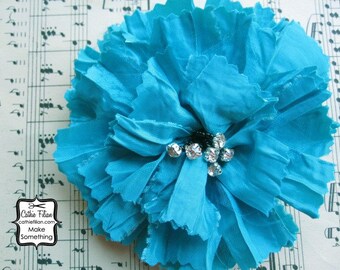 Blue Silk Flower - Rhinestone Pin Hair Millinery Shabby Tattered Silk Turquoise