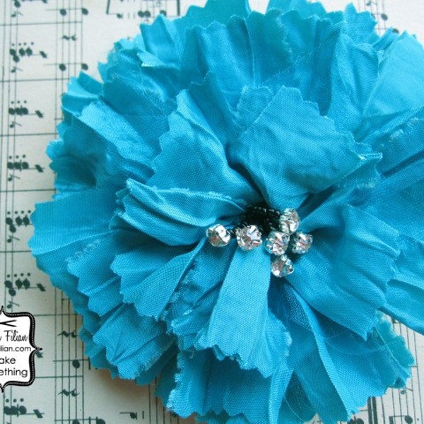 Blue Silk Flower - Rhinestone Pin Hair Millinery Shabby Tattered Silk Turquoise