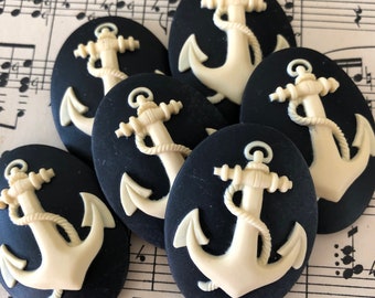 6 Anchor Cabochons unset - 40/30 - Black and White Nautical Beach Boat Cameo Kawaii Decoden Jewelry Supplies