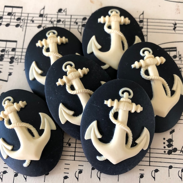 6 Anchor Cabochons unset - 40/30 - Black and White Nautical Beach Boat Cameo Kawaii Decoden Jewelry Supplies