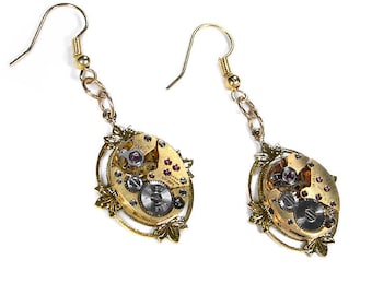 Gold Dangle Earrings, Steampunk Jewelry, GOLD Jewel Watch Lotus Leaf WEDDING Anniversary, Gold Drop Earrings, Girlfriend Gift- by edmdesigns