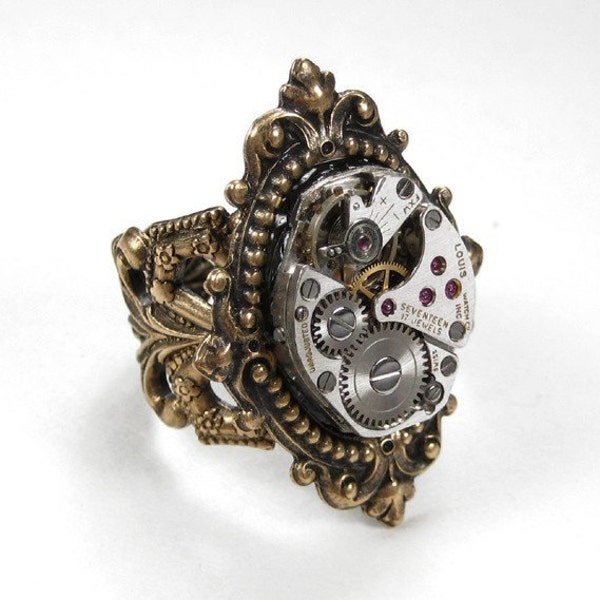 Steampunk Inspired Vintage Ruby Jeweled Watch Movement on Adjustable Brass Filigree Ring - Victorian Style Ornate Fleur-de-lis Brass Setting - EXQUISITE VICTORIAN LOOK....Offered by edmdesigns