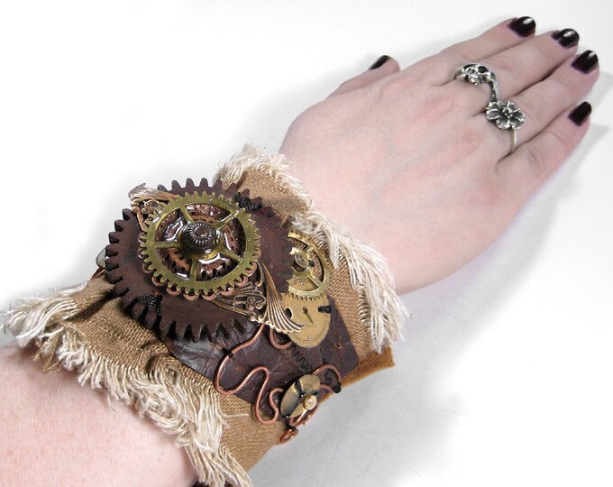 Steampunk Cuff BROWN LEATHER Textile Mixed Media Wrist Cuff Etsy