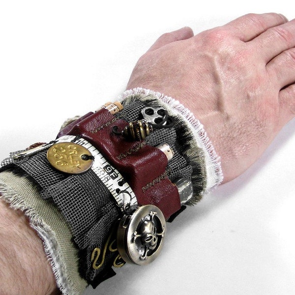 Steampunk Cuff - Industrial LEATHER POCKETED Wrist Cuff - Vintage Metal Tape Measure and CORKED VIALS Skeleton Key... MESH... WORKING WATCH - Marble Wood BUTTON Focals - One of a Kind Adjustable RADICAL UNISEX - NEW WEARABLE ART Exclusively by edmdesigns