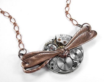 Steampunk Jewelry Necklace Pocket Watch,MIXED METALS Copper Wings, Rose Gold Dragonfly Jewelry, Mothers Girlfriend Wife Gift - by edmdesigns
