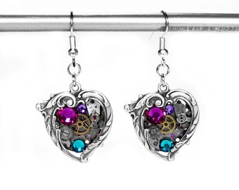 Steampunk Jewelry Earrings Vintage Watch Silver ORNATE HEART Rose Turquoise Crystals, Wedding Anniversary Mothers Girlfriend - by edmdesigns