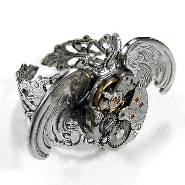 Steampunk Vintage 17 Jewel Swiss Watch Part Movement SILVER OWL WINGS - Adjustable Filigree UNISEX RING - Gorgeous....EXCLUSIVELY Offered by edmdesigns