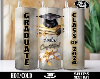 Personalized Graduation Tumbler with Straw, Custom Class of 2024 Senior Grad Cup, College High School Graduate Travel Mug Gift Idea