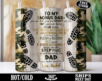 Personalized Bonus Dad Tumbler with Straw, Custom Stepdad Cup, Stepfather Coffee Travel Mug, Fathers Day Birthday Christmas Gift Ideas