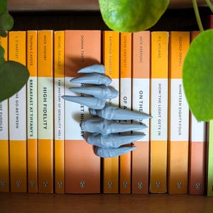 Könnte beinhalten: Eine Reihe orange-weiß gestreifter Penguin-Klassiker-Bücher auf einem Holzregal, mit einem hellblauen, klauenförmigen Objekt darauf. Grüne Blätter sind im Vordergrund.