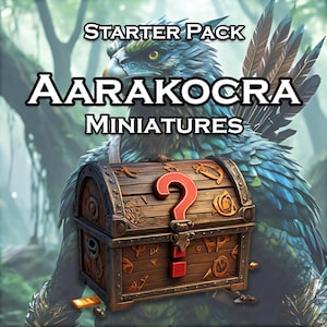 Può includere: Un set di miniature Aarakocra da iniziare, con una creatura simile a un uccello blu e verde con un copricapo piumato, che tiene un forziere di legno con un punto interrogativo sul coperchio. Il forziere è decorato con accenti dorati e intagli intricati.