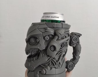Soporte para latas CyberDemon – Jarra de cerveza con forma de calavera de ciencia ficción, vaso con forma de demonio mecánico, regalo futurista oscuro para jugadores y coleccionistas