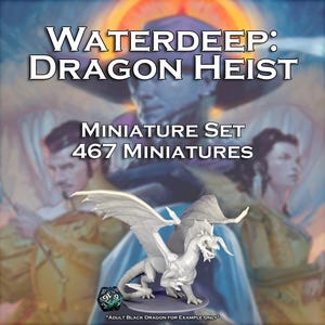 Pode incluir: Um conjunto de miniaturas para Waterdeep: Dragon Heist, com uma estatueta de dragão branco. A imagem inclui o texto "MINIATURE SET 467 MINIATURES" e "ADULT BLACK DRAGON FOR EXAMPLE ONLY". O fundo tem uma imagem desfocada de pessoas.