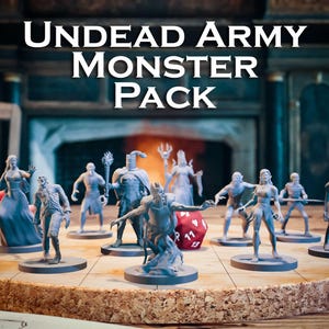May include: A set of nine grey painted miniature figures of undead creatures, including a zombie, a vampire, a ghoul, and a skeleton. The figures are arranged in a circle on a wooden base, with a red and white dice in the centre. The figures are part of an "Undead Army Monster Pack".