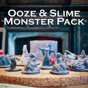 May include: A set of gray 3D printed miniatures depicting ooze and slime monsters. The set includes a female ooze monster, a blob of ooze, and a slime monster with a beak. The set is labeled "Ooze & Slime Monster Pack".