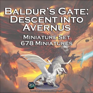 Könnte beinhalten: Ein Miniaturen-Set für das Dungeons & Dragons-Spiel Baldur's Gate: Descent into Avernus. Das Set enthält 678 Miniaturen, darunter eine weiße Drachen-Miniatur. Das Bild zeigt eine weiße Drachen-Miniatur auf einem schwarzen Sockel.