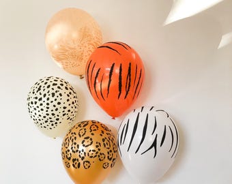 Set of 5 Safari Animal  Print Balloons, Animal Birthday Balloons, Zebra Zoo Party Decor, Wild One, Wild two