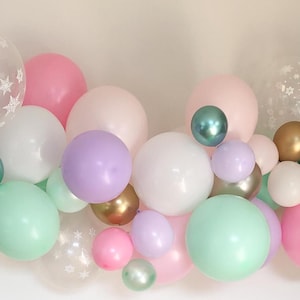 May include: A collection of pastel-colored balloons in pink, white, mint green, and lavender. Some balloons are clear with snowflake patterns. Metallic gold and teal balloons add accents. Perfect for a party or celebration.