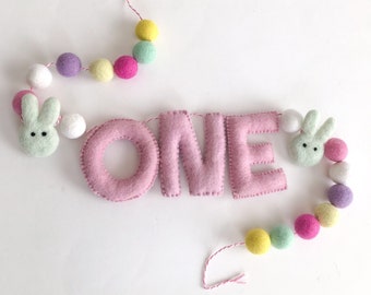 Some bunny is One garland, ONE bunny decor, One party garland pink, Ist birthday bunny/Spring Easter Bunny Birthday/Bunny highchair banner