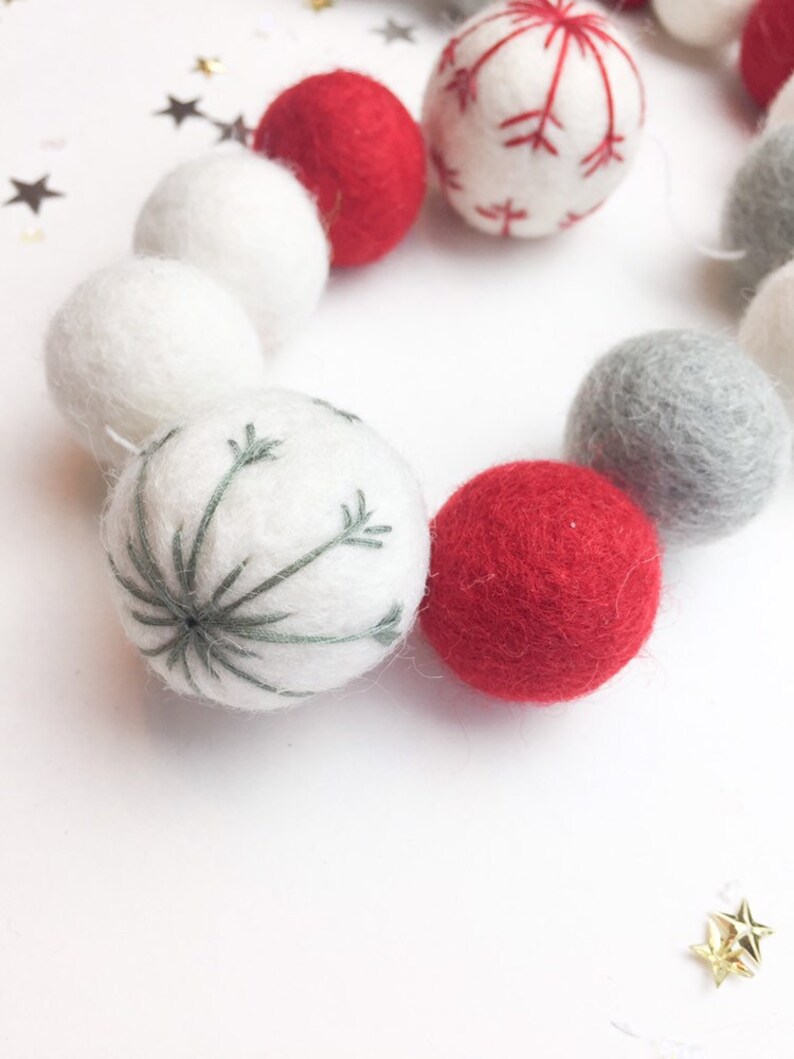 Grey Red Silver Christmas Holiday Felt Ball Pom Pom GarlandgarlandsModern Holiday Decor Candy Cane bannerChristmas garlandMantel Decor