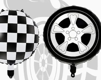 Set of 2 Race car tire and checkered  balloons| Two fast Birthday|  Vintage Race car birthday | Cars themed Birthday |  Car Birthday Party
