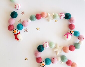 Rainbow Holiday Snowmen  Felt Ball Pom Pom Garland/ Winter Party Decor /Holiday Mantle Decor/Christmas garland / Winter Birthday Decor