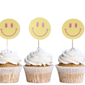 Pink Teen Smiley Happy Face Cupcake topper, One Happy Girl Cupcake toppers  , One Happy Babe/One Happy Gal, One Cool/Tween Smiley Face Pink