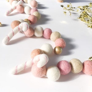 Pink and Gold Candy Cane Christmas Holiday Felt Ball Pom Pom Garland/ Pink Holiday Garland/Modern Holiday Decor/Pink Christmas felt garland