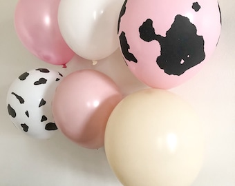 6 Cowgirl Theme Pink Balloons| Farm Birthday Balloons | Farm Baby Shower Decor Pink Barnyard Birthday | Moo Birthday Party\ Holy Cow Pink