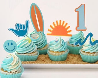 Surf Cupcake Toppers/ The Big One/First Wipeout/Vintage Surf Birthday Decor/ Beach Party Toppers/Custom Number/Baby On Board/1st Surf