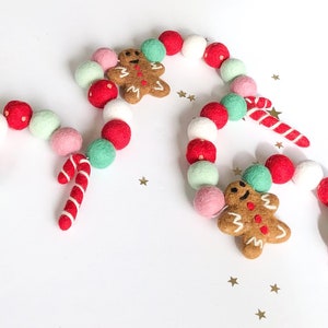 Gingerbread Candy land Christmas Holiday Felt Ball Pom Garland/ Candy Cane Garland/Holiday Mantel Decor/Rainbow Christmas Decor