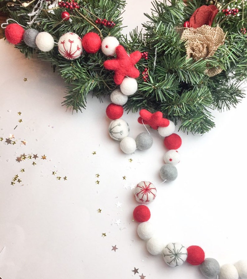 Grey Red Silver Christmas Holiday Felt Ball Pom Pom GarlandgarlandsModern Holiday Decor Candy Cane bannerChristmas garlandMantel Decor