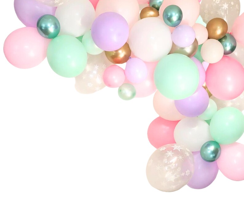 May include: A collection of pastel-colored balloons in shades of pink, purple, mint green, white, and gold. The balloons vary in size and are arranged in a curved shape, creating a festive and celebratory atmosphere. Some balloons have a star pattern.