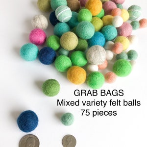 Grab bag Wool  Felt Pom Balls 75 pieces 2 cm and 1 cm/ Mixed Colors Felt Poms/Wool Craft Supplies/Educational Supplies