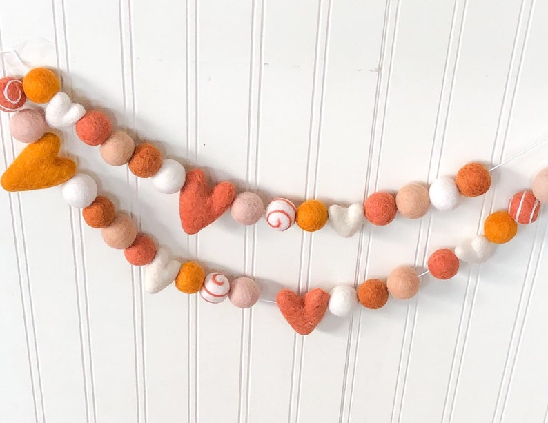 Boho Golden Felt Ball Pom Pom Valentines Garland/ Valentine Decor/Party Decor/Mantel Garland/VDay Decor/Boho Valentine decor/Heart Garland image 3