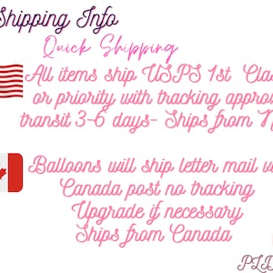 K&ouml;nnte beinhalten: Das Bild zeigt den Text "Shipping Info" und "Quick Shipping". Es enth&auml;lt auch den Text "All items ship USPS 1st Class or priority with tracking approx transit 3-6 days- Ships from NY." Es gibt auch eine kanadische Flagge und Text.