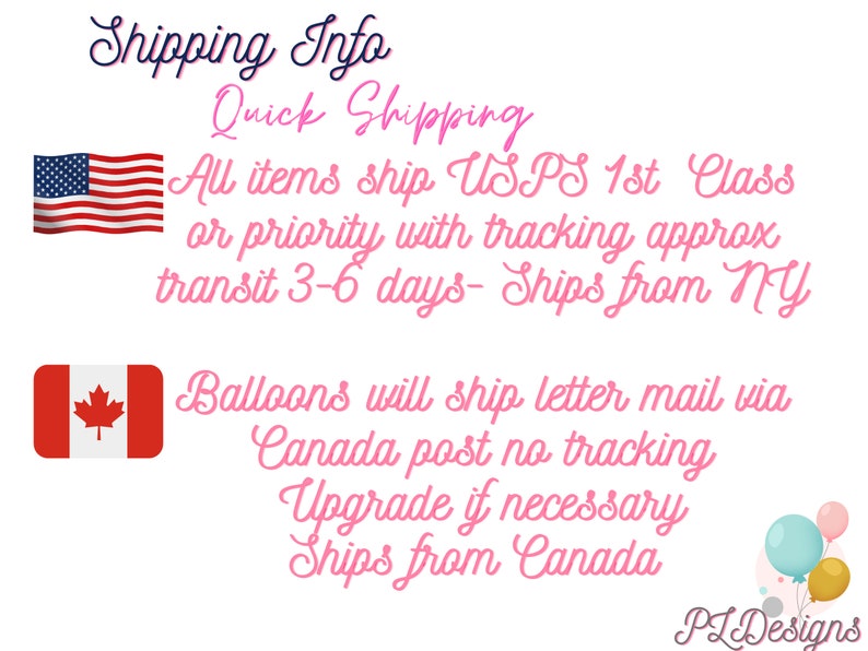 K&ouml;nnte beinhalten: Das Bild zeigt den Text "Shipping Info" und "Quick Shipping". Es enth&auml;lt auch den Text "All items ship USPS 1st Class or priority with tracking approx transit 3-6 days- Ships from NY." Es gibt auch eine kanadische Flagge und Text.