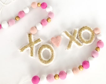 Valentine Wool gold XO letter banner/ pink  Valentine love garland/Heart Felt Ball Garland/Valentines Day Decor/galentines party/xoxo party