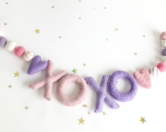 Valentine Wool XO letter banner/ Valentine love garland/Heart Felt Ball Garland/Valentines Day Decor/Mantel Decor/Valentine's Day gift