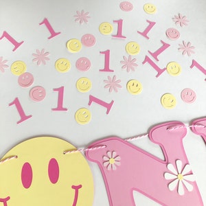 One Pink Smiley Happy Face Garland, One Happy Girl Highchair Banner/ One Happy Babe ,One Happy Gal| Happy Girl 1st Birthday/  Smile Confetti